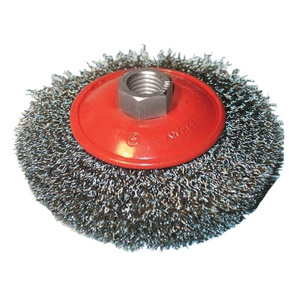 EXTOL CRAFT drótcsiszoló körkefe, kúpos, hullámos szálú ; sarokcsiszolóhoz, M14×2 100mm, ford.: 12500 [ 17006 ]