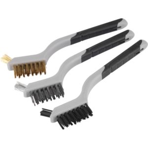 EXTOL PREMIUM drótkefe klt., 3 db: nylon-, réz- és rozsdamentes acél szál, 3×8 sor, 180mm, kétkomponensű TPR+PP puha műanyag nyél [ 8803901 ]