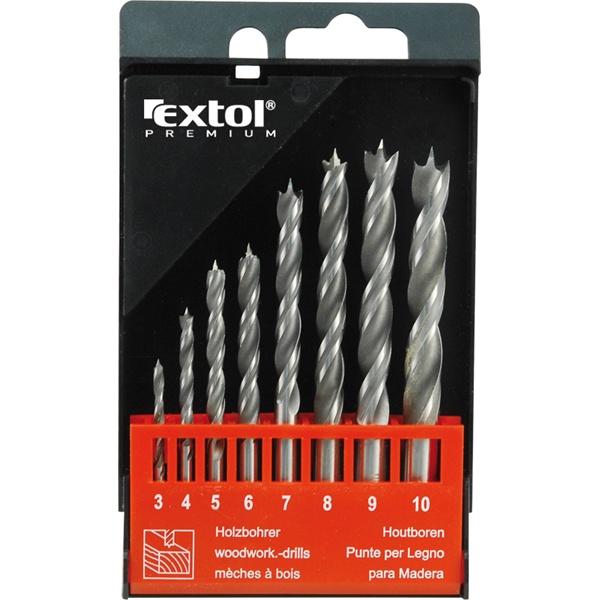 EXTOL PREMIUM fafúró klt. 8 db, rövid, 3-4-5-6-7-8-9-10mm, Cr.V., normál befogás; műanyag dobozban [ 8801221 ]