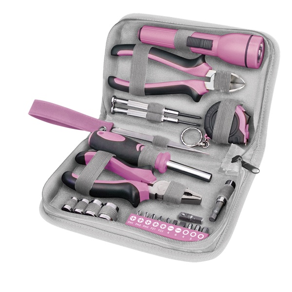 EXTOL szerszámkészlet, 23db, 1/4"; Extol Lady, rózsaszín, 4 dugófej (6-12mm), fogók, csavarhúzó markolat, mérőszalag, BIT-ek [ 6595 ]