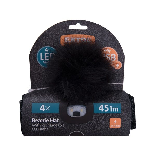 EXTOL sapka, fekete pomponnal kötött, kivehető LED homloklámpával, 4×45 Lumen; USB tölthető Li-ion akku, 3 funkció (100%-75%-50% fényerő) [ 43196 ]
