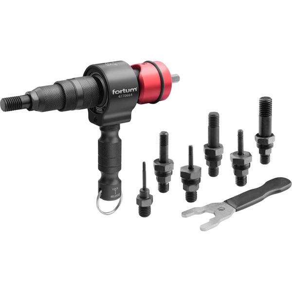 FORTUM adapter  klt. fúrógéphez, POP-NUT szegecsanyákhoz, 6 db, M3-M4-M5-M6-M8-M10-M12; 8 mm (5/16") hatszög befogás, FORTUM [ 4770664 ]