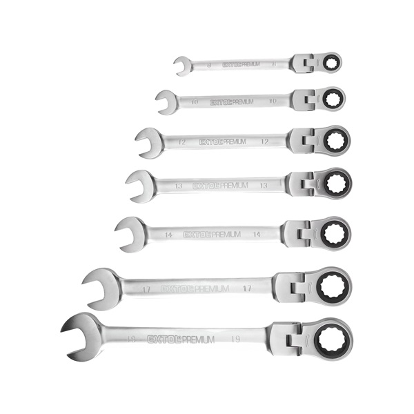 EXTOL PREMIUM csuklós racsnis csillag-villás kulcs klt. 7db; 8-10-12-13-14-17-19mm CV. 72 foggal, 1 irányú forgás [ 8816105 ]
