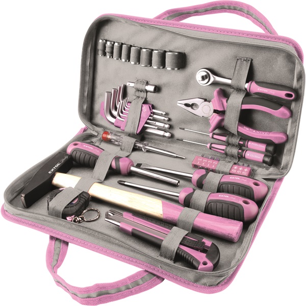 EXTOL szerszámkészlet, 39db, 1/4″; Extol Lady, rózsaszín, 8 dugófej (5-14mm), fogó, csavarhúzók, kalapács, BIT-ek [ 6596 ]