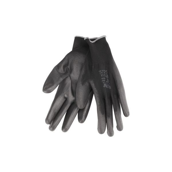 EXTOL PREMIUM Kötött kesztyű fekete poliészter, méret: 11` poliuretánba mártott teny. és ujjhegy., gumírozott mandzsetta [ 8856638 ]