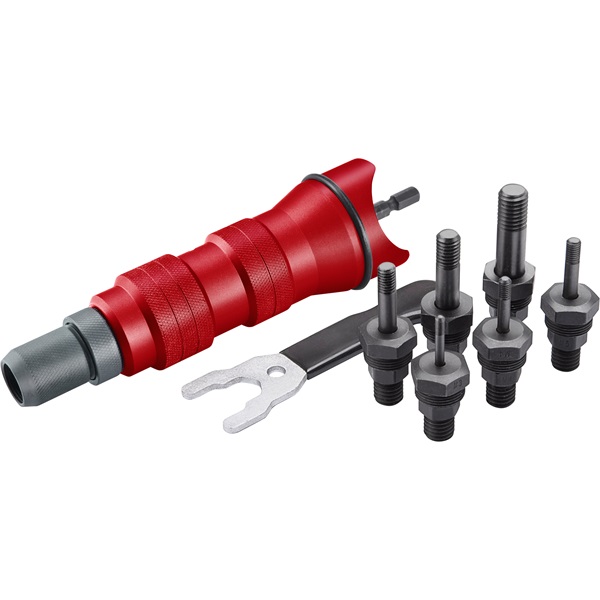 FORTUM adapter klt. fúrógéphez, POP-NUT szegecsanyákhoz, 6 db, M3-M4-M5-M6-M8; 1/4" hatszög befogás, FORTUM [ 4770654 ]