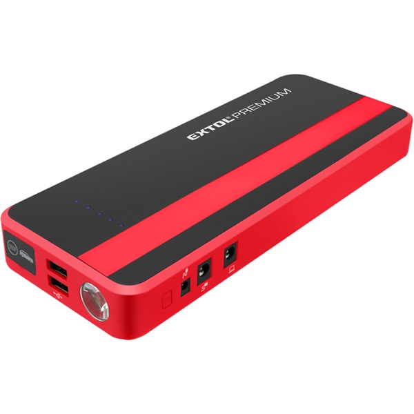 EXTOL PREMIUM autós indító, benzin- és dízelmotorokhoz., beépített 18000 mAh Li-polimer akkuval + power bank 5V és 19V, "bikázó", 700A [ 8897321 ]