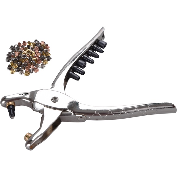 EXTOL CRAFT bőrlyukasztó klt.; fogó 225mm + 6 db lyukasztó fej: 2,5-3,0-3,5-4,0-4,5-5mm + 2 db szegecselő fej + 100 db szegecs [ 10260 ]