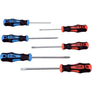 EXTOL PREMIUM csavarhúzó klt., 6db; lapos:3×75, 5,5×100 és 6,5×125mm, PH0×60, PH1×100 és PH2×125, CV., mágneses, papír tartóban [ 8819256 ]