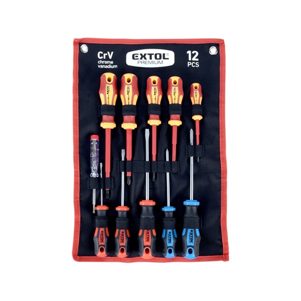 EXTOL PREMIUM csavarhúzó klt. szigetelt 1000V+nem szigetelt, 6+5db ; fáziskeresővel, műanyag kínáló+nylon tok [ 53088 ]