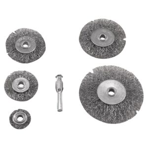 EXTOL drótcsiszoló körkefe készlet; 25-38-50-63-75mm, O6mm-es csap, hullámos acél szálak: O0,3mm, fúróba fogható, max. 4500rpm [ 1830 ]