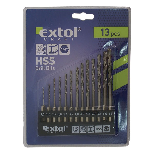 EXTOL CRAFT fémfúró klt., 13db, HSS 1,5-6,5mm, 1/4" BIT befogás, polírozott, műanyag tartóban, bliszteren [ 11140 ]