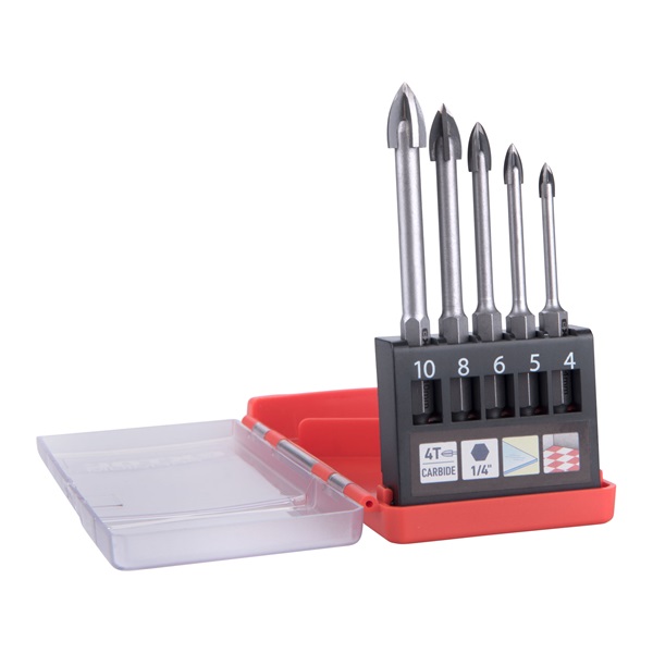 EXTOL PREMIUM fúró klt. 5 db, üvegre, kerámiára és csempére, keményfém lapkás; 4-10 mm ×100mm, 4élü, 1/4" hatszög befogás 1 EXTOL PREMIUM fúró klt. 5 db, üvegre, kerámiára és csempére, keményfém lapkás; 4-10 mm ×100mm, 4élü, 1/4" hatszög befogás