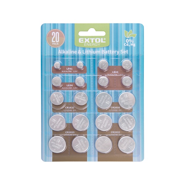 EXTOL ENERGY gombelem klt. 20 db, Lítium 3V és alkáli 1,5V; hosszú étettartam, bliszteren [ 42057 ]