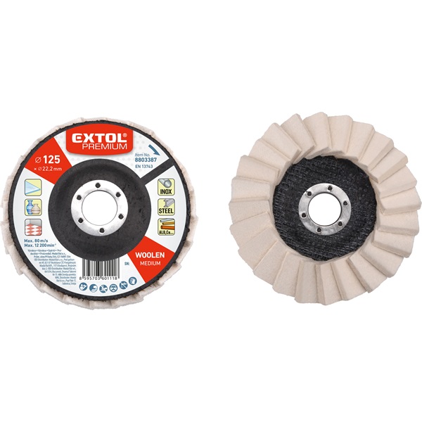 EXTOL PREMIUM lamellás polírozó filc, INOX, acél és ALU munkadarabok polírozására 125×22mm (darabáras, de csak ötösével rendelhető) [ 8803387 ]