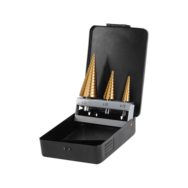 EXTOL CRAFT lépcsős fémfúró klt, 3db; (4-12mm/1mm lépcsők,4-20mm/2mm,4-32mm/2mm) befogás:10mm, max.4mm vastag anyagokhoz,TiN bevonat [ 20090 ]