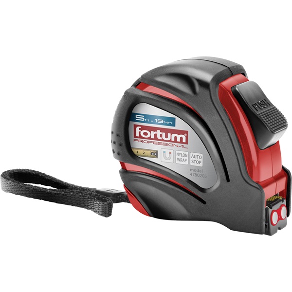 FORTUM mérőszalag, 1 stoppos, ABS műanyag ház, gumírozott; 5m×19mm nylon bevonatú szalag, mágneses vég FORTUM [ 4780205 ]