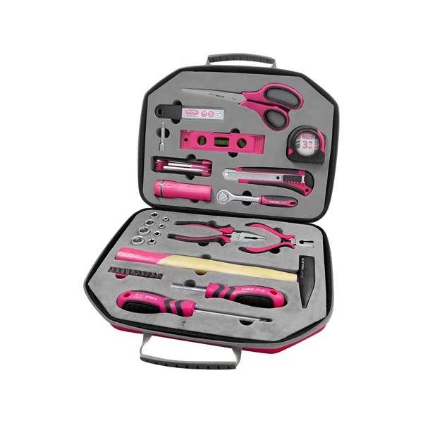 EXTOL LADY szerszámkészlet, 47db, 1/4"; Extol Lady, rózsaszín, 8 dugófej (5-14mm), fogó, csavarhúzók, kalapács, BIT-ek, vízmérték [ 6590 ]