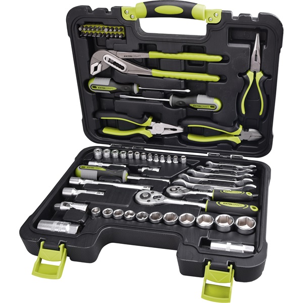 EXTOL CRAFT szerszámkészlet, 65db, 1/4"+3/8" CV.; dugókulcsok, racsnis kar, fogók, csavarhúzók, villás kulcsok, BIT-ek [ 6598 ]