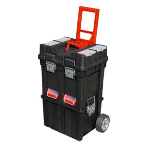 MB szerszámosláda kerekes, profi erős, műanyag 495×350×712mm, fémcsatos, tálcával, fekete, lakatolható [ 85059 ]