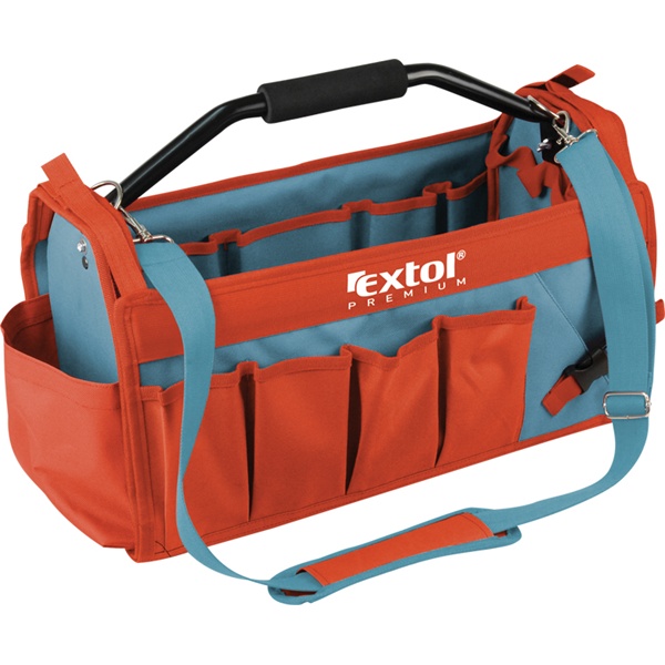 EXTOL PREMIUM szerszámtáska, acélcső vázas, 49×23×28cm, 31 zseb, nylon, állítható, párnázott hordpánt+merev acél fogantyú [ 8858022 ]