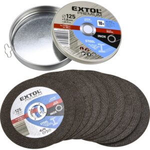 EXTOL PREMIUM vágókorong 10 db, acélhoz/inoxhoz, kék; 125×1×22,2mm, max 12200 ford/perc, fémdobozban [ 8808103 ]