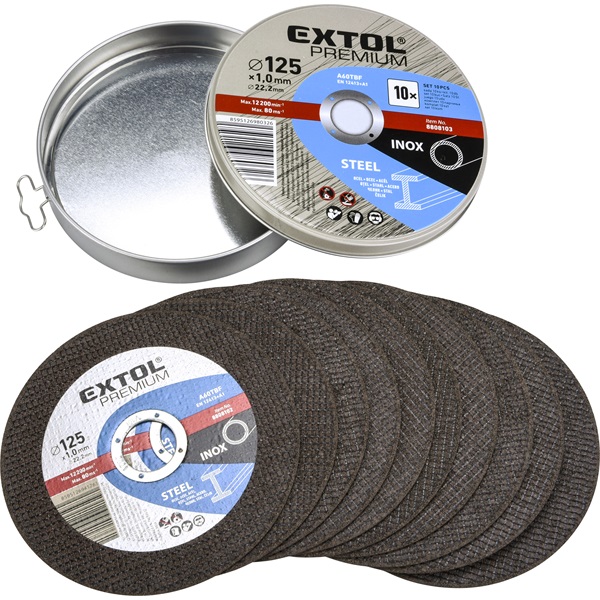 EXTOL PREMIUM vágókorong 10 db, acélhoz/inoxhoz, kék; 125×1×22,2mm, max 12200 ford/perc, fémdobozban [ 8808103 ]