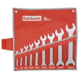 FORTUM villás kulcs klt. 9db 6-32mm, 61CrV5, mattkróm; 6×7, 8×9, 10×11, 12×13, 14×17, 18×19, 20×22, 24×27, 30×32mm, vászon tok [ 4730101 ]